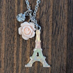Claire's Silver Eiffel Tower and Pink Rose Necklace
